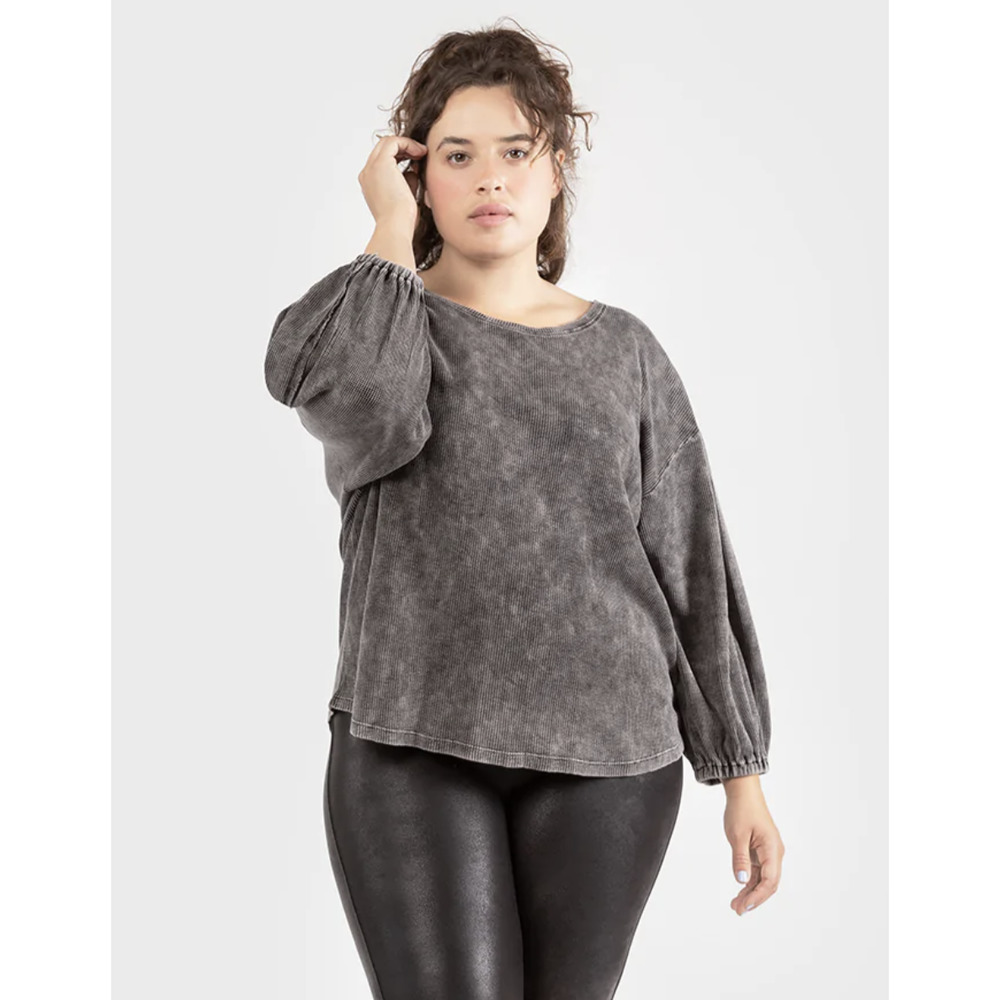 NWT DEX Washed Waffle Cotton Blend Thermal Knit Puff Sleeve Top